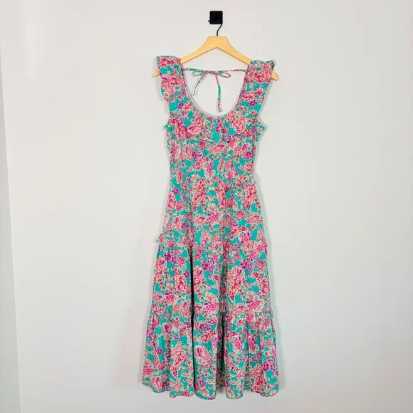 J Crew Womens Floral Paisley Ruffle Tiered Midi Sundress Green Pink 4 - Picture 2 of 10